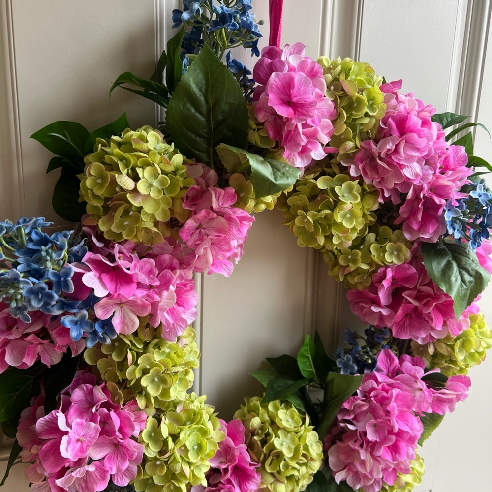 Vibrant Floral  18 inch Wreath - Pink, Green, and Blue hydrangeas